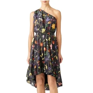 Slate &amp; Willow Black Floral Print One-Shoulder Hi-Low Ruffle Hem Dress Size 2