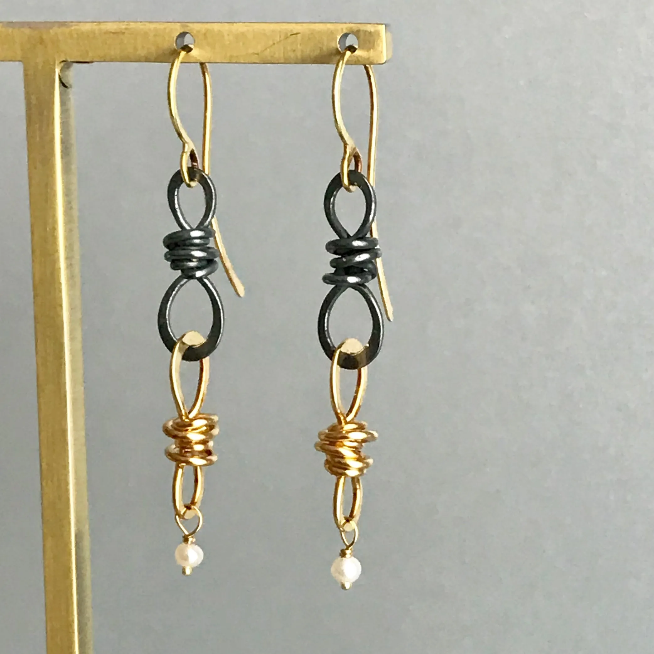 Small Double Knot Drop Earring, Oxidized Silver & Gold