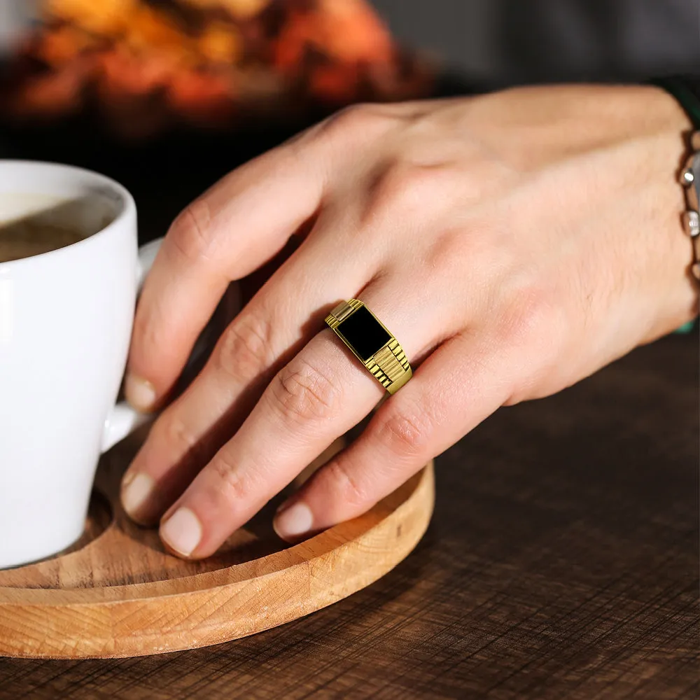 Solid 10k Yellow Gold Mens Ring Genuine Black Onyx Stone masculine Ring for Man