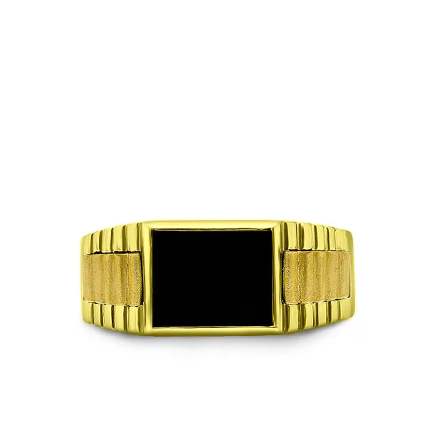 Solid 10k Yellow Gold Mens Ring Genuine Black Onyx Stone masculine Ring for Man