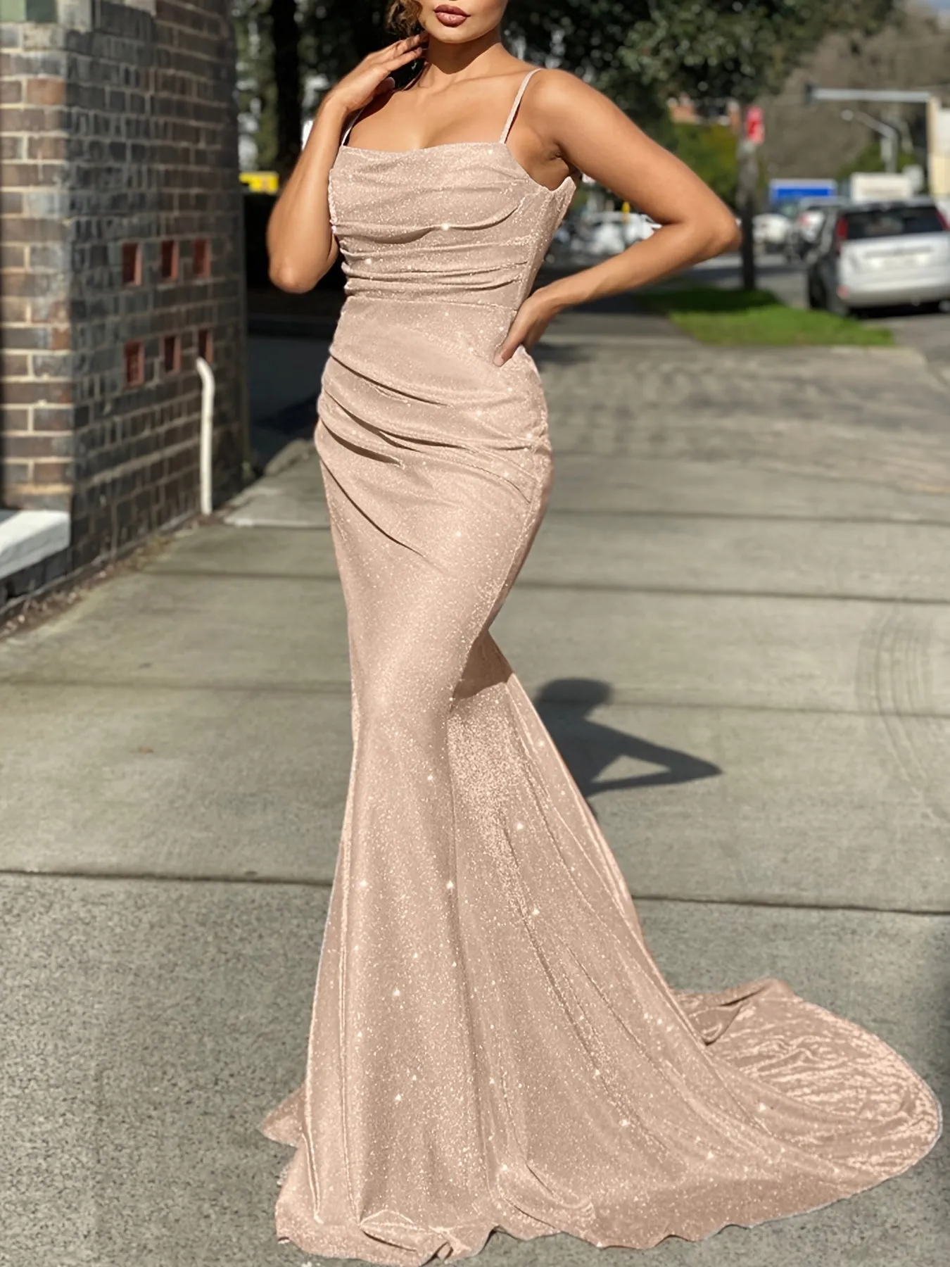 Solid Sequin Slip Sleeveless Backless Maxi Evening Gown