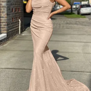 Solid Sequin Slip Sleeveless Backless Maxi Evening Gown