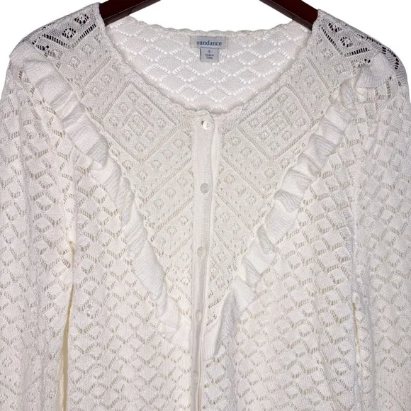 SUNDANCE Ruffle Front Button Down Cardigan  Sweater Size Small in Ivory White