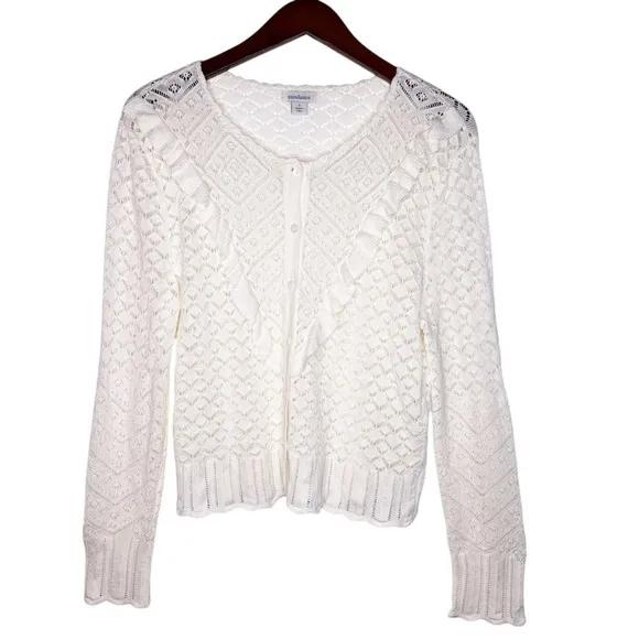 SUNDANCE Ruffle Front Button Down Cardigan  Sweater Size Small in Ivory White
