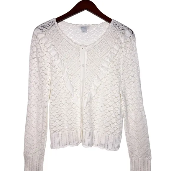 SUNDANCE Ruffle Front Button Down Cardigan  Sweater Size Small in Ivory White