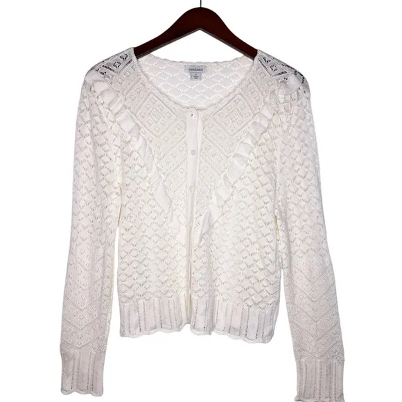 SUNDANCE Ruffle Front Button Down Cardigan  Sweater Size Small in Ivory White