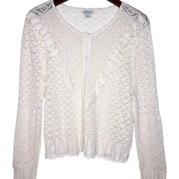 SUNDANCE Ruffle Front Button Down Cardigan  Sweater Size Small in Ivory White