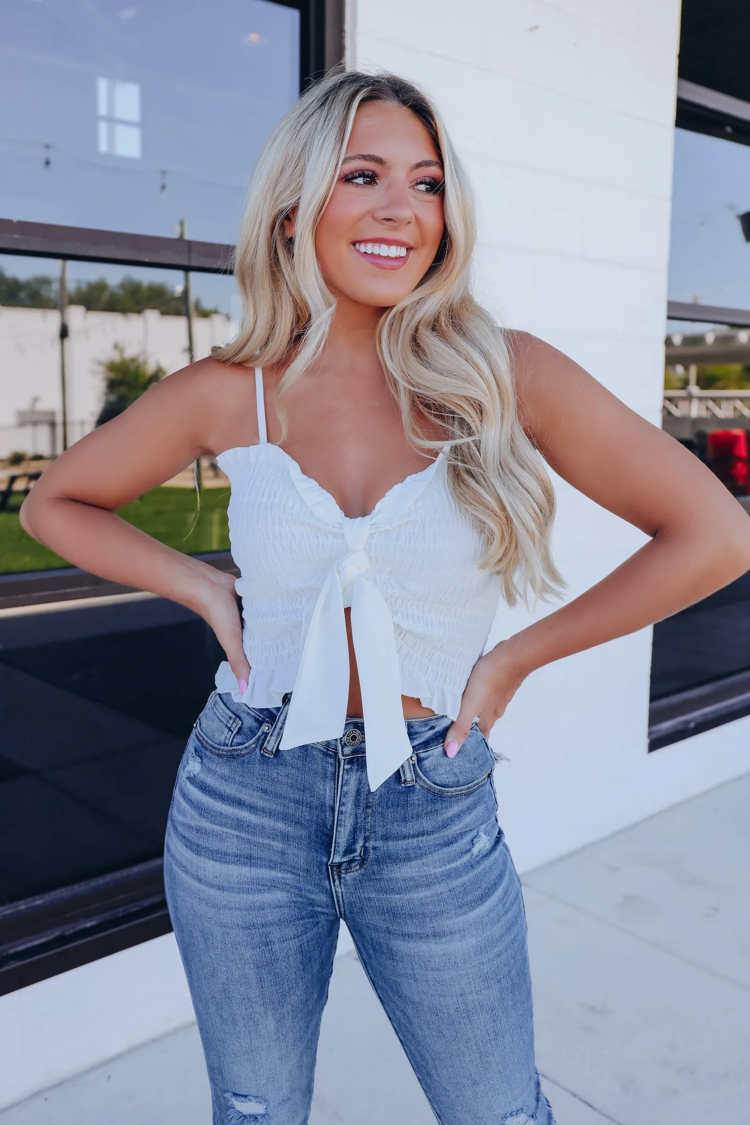 Tahari Smocked Crop Top - Off White