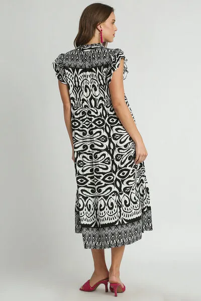 Umgee Full Size Two Tone Border Print Ruffle Cap Sleeve Midi Dress Plus Size