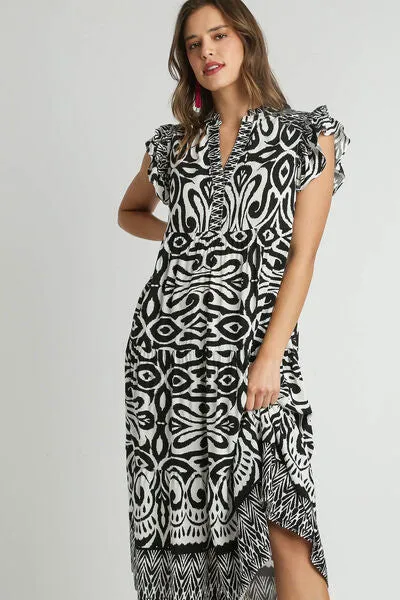 Umgee Full Size Two Tone Border Print Ruffle Cap Sleeve Midi Dress Plus Size
