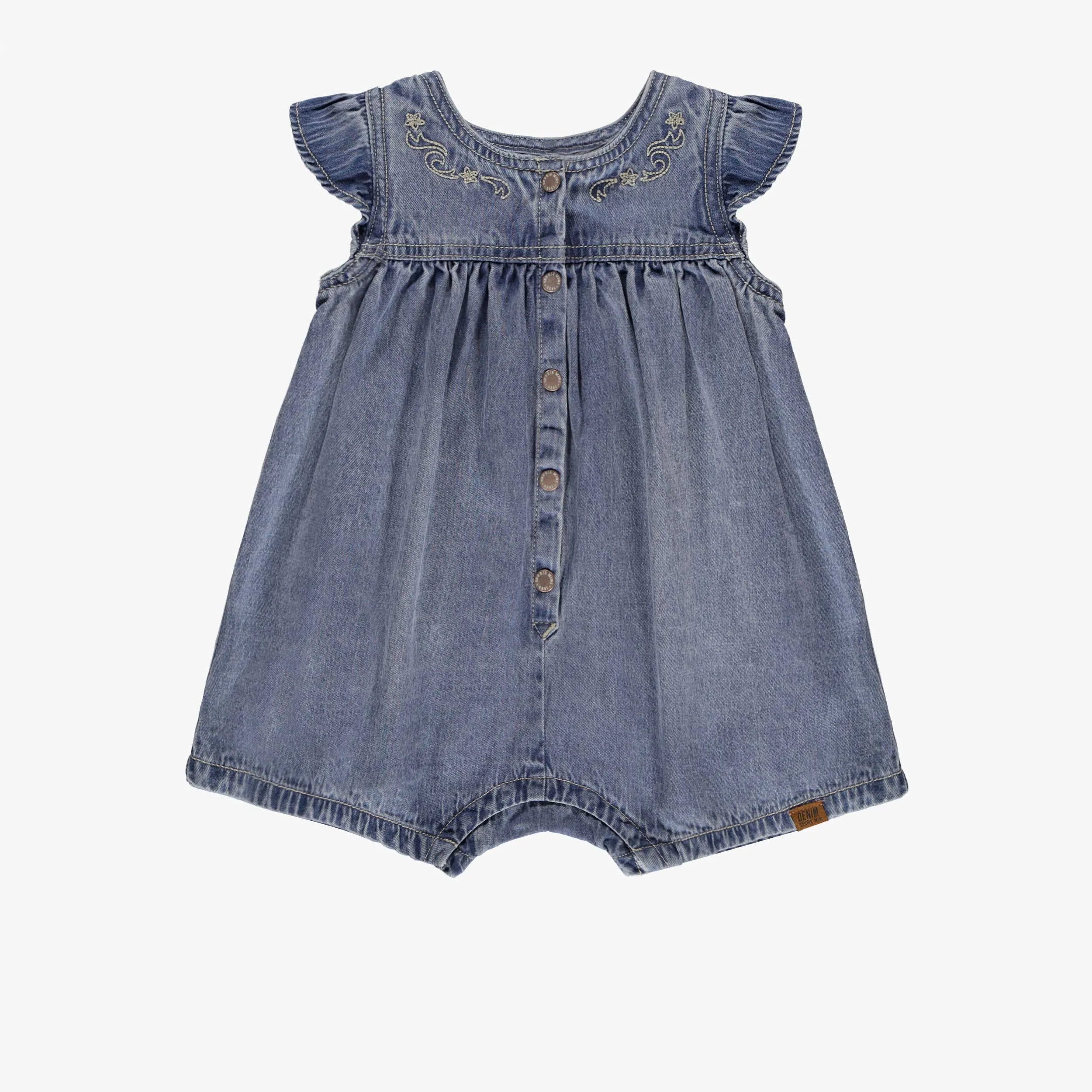 Une-pièce bleu en denim avec broderies, bébé || Blue denim one-piece with embroidery, baby