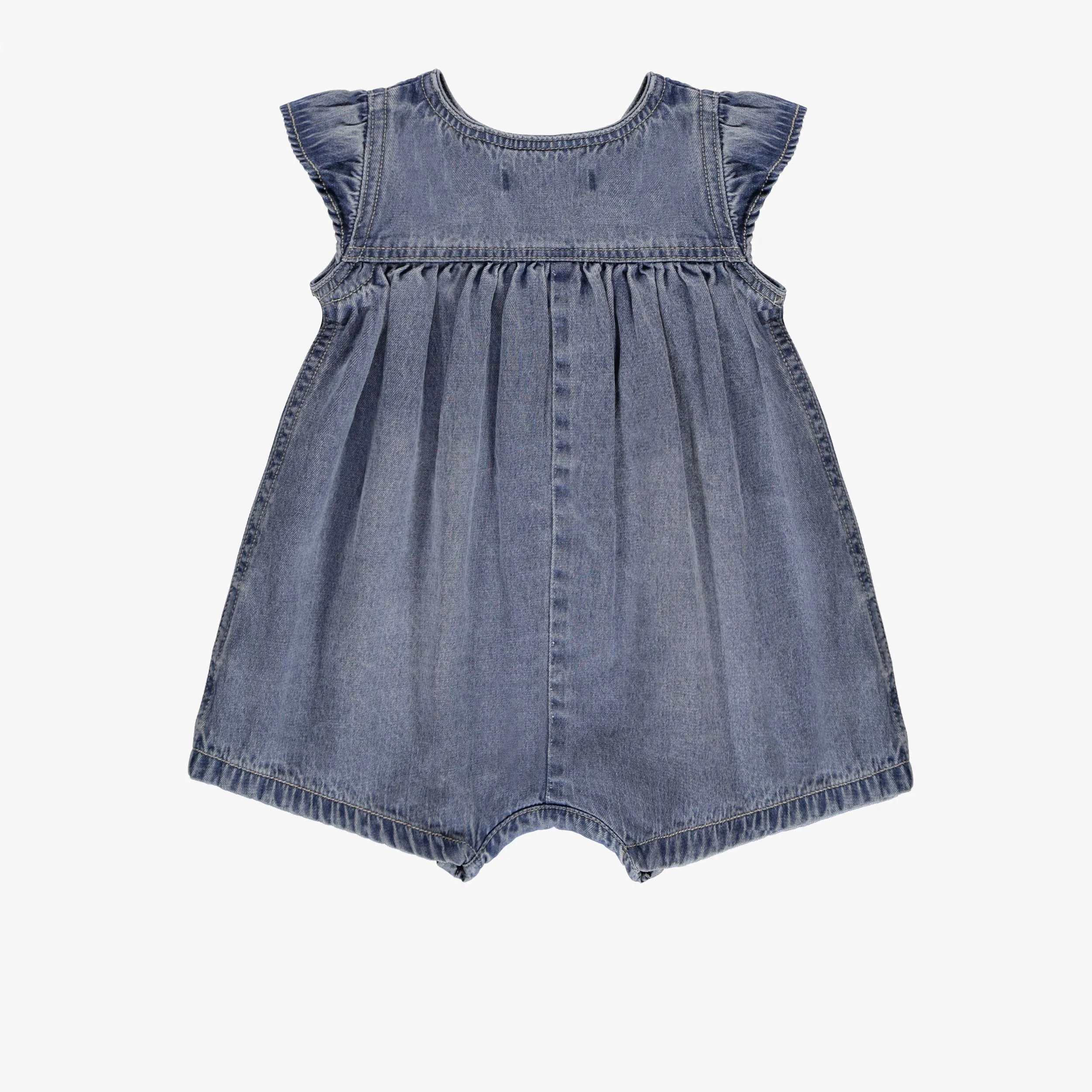 Une-pièce bleu en denim avec broderies, bébé || Blue denim one-piece with embroidery, baby