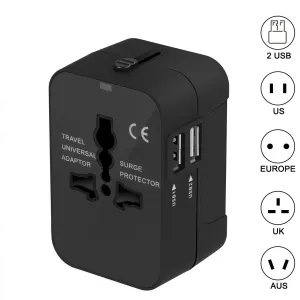 Universal Travel Adapter International Power Outlet Plug 2 USB black