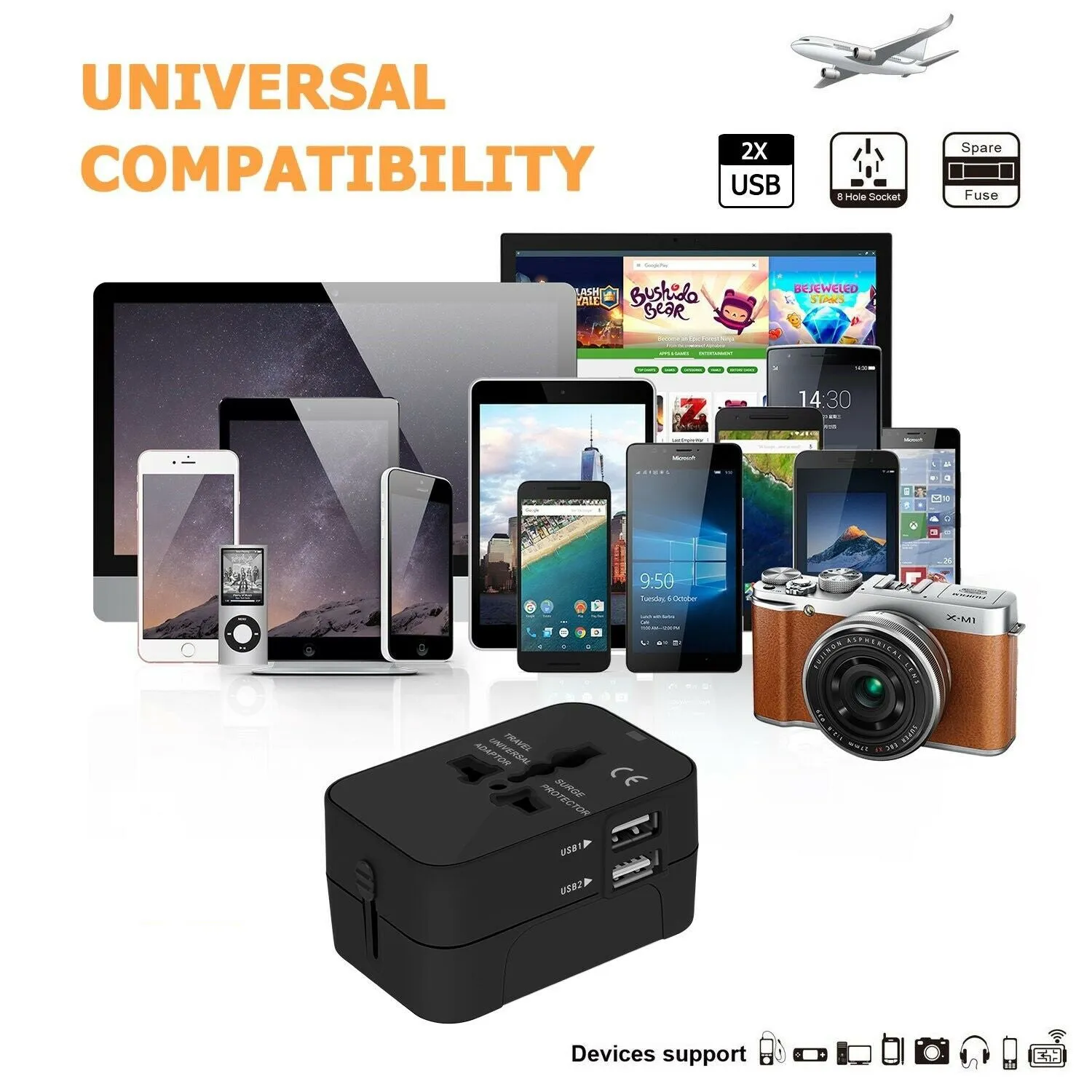 Universal Travel Adapter International Power Outlet Plug 2 USB black