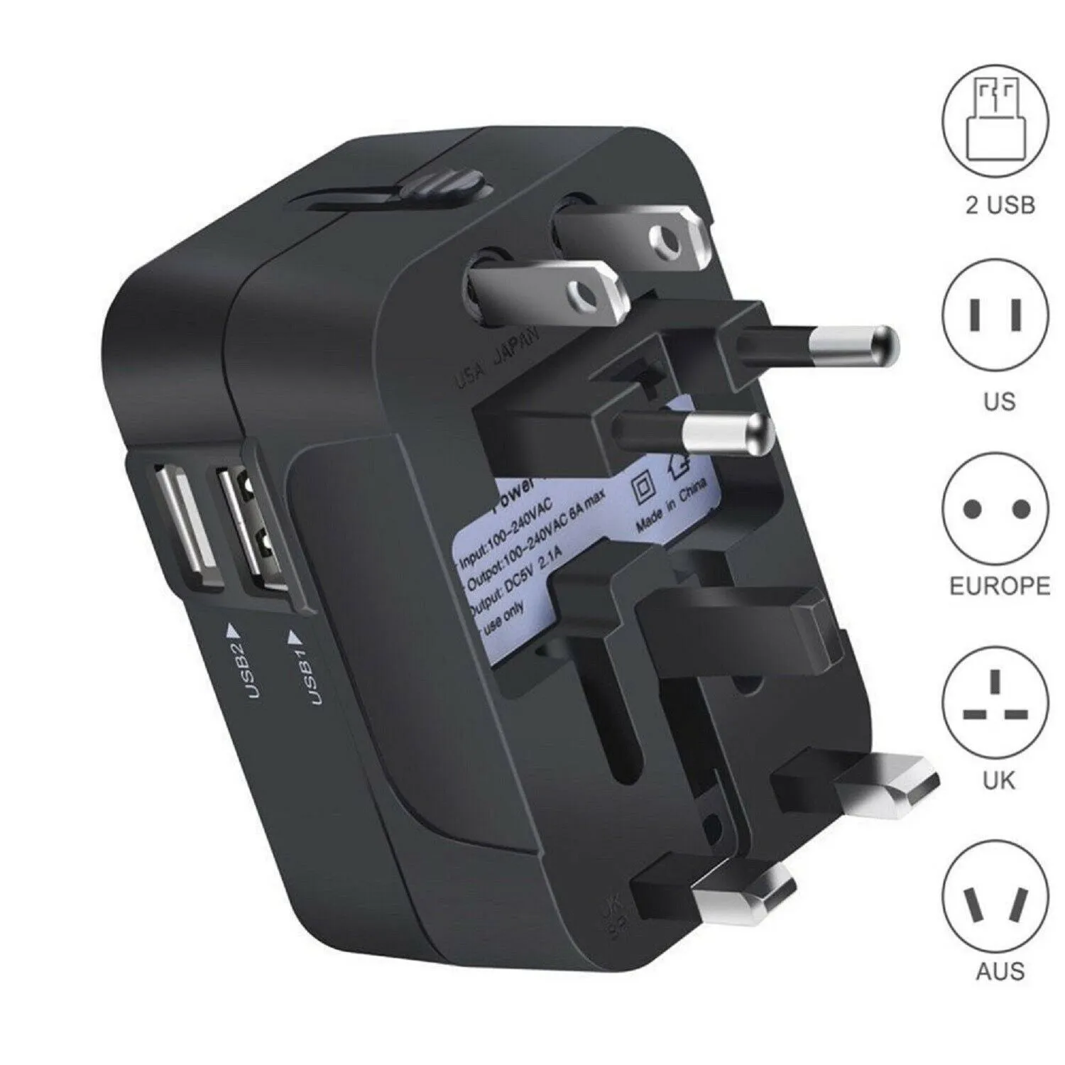 Universal Travel Adapter International Power Outlet Plug 2 USB black