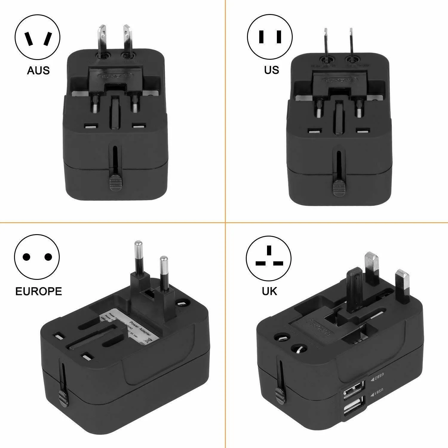 Universal Travel Adapter International Power Outlet Plug 2 USB black