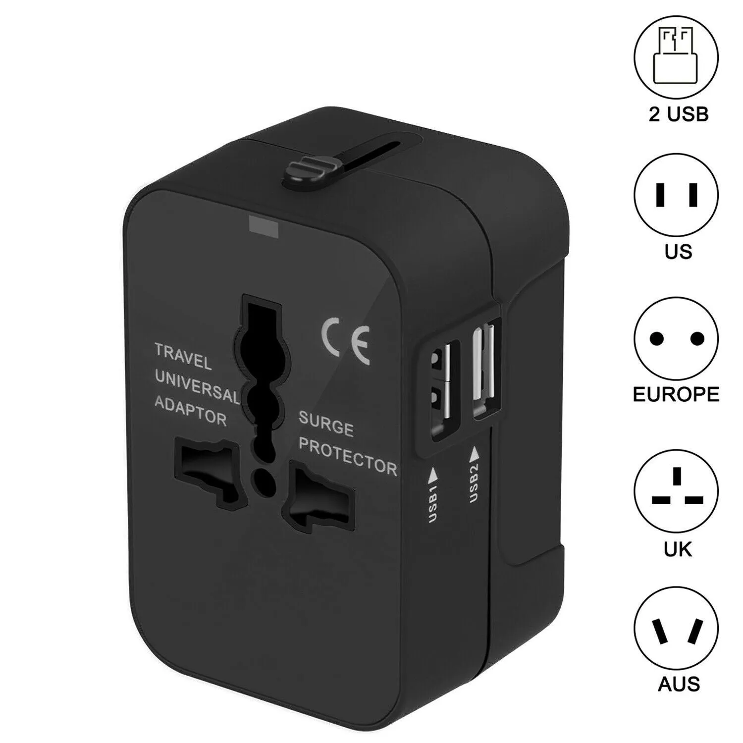 Universal Travel Adapter International Power Outlet Plug 2 USB black