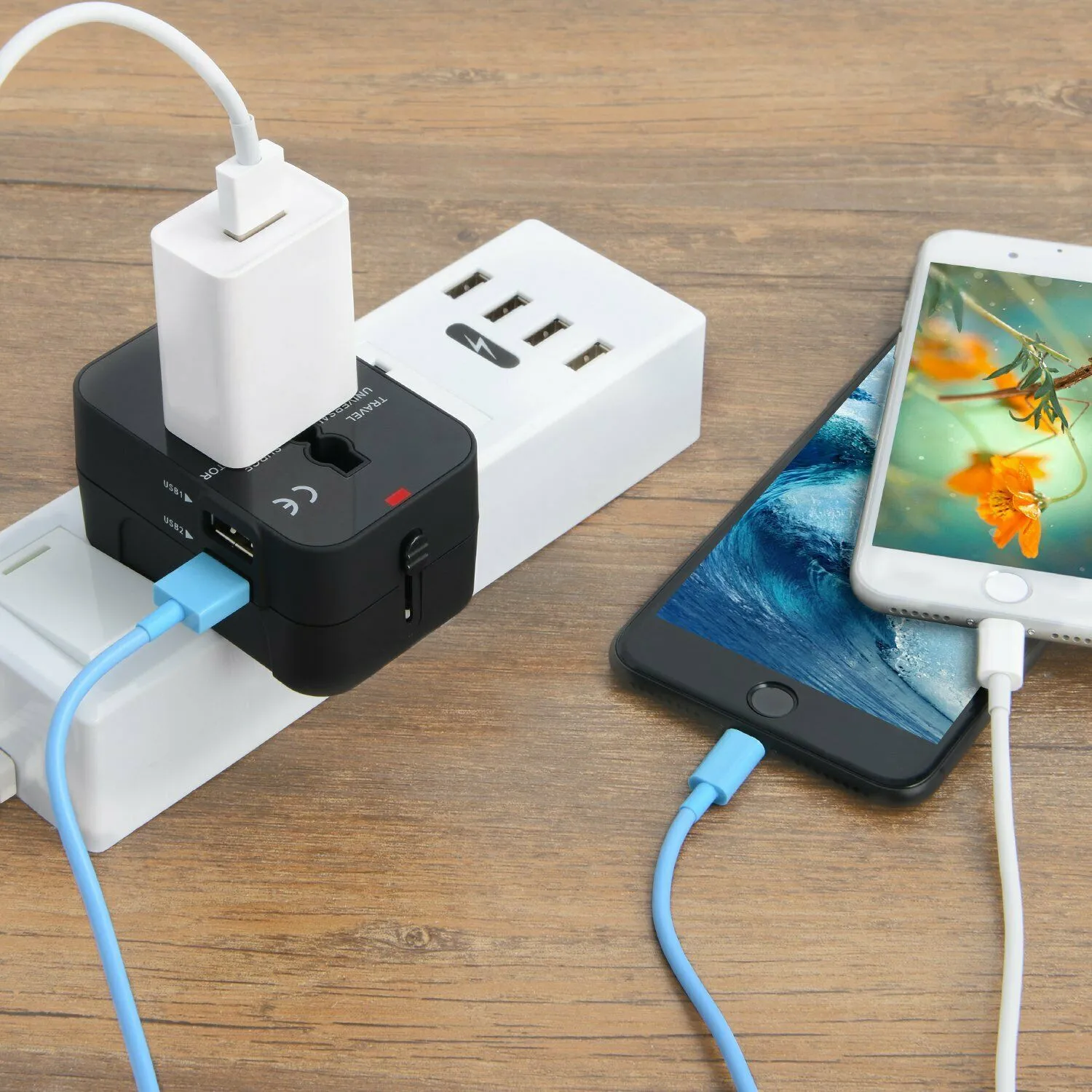 Universal Travel Adapter International Power Outlet Plug 2 USB black