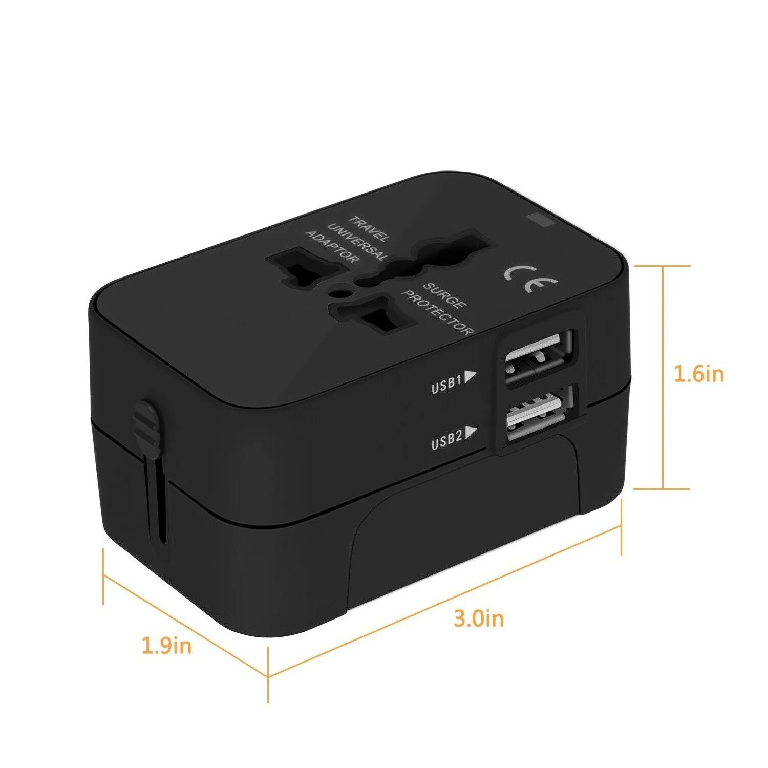 Universal Travel Adapter International Power Outlet Plug 2 USB black