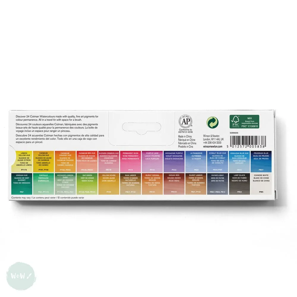 Watercolour Paint Sets - Winsor & Newton COTMAN - COMPLETE TRAVEL TIN - 24 x Half pans