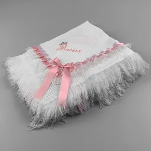 White Luxury Baby Girl Shawl – Princess Embroidery & Pink Satin Trim