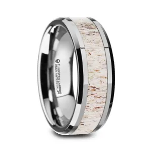 WHITETAIL | Silver Tungsten Ring, Off-White Deer Antler Inlay, Beveled