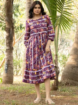 Wine Floral Print Cotton Embroidered Dress