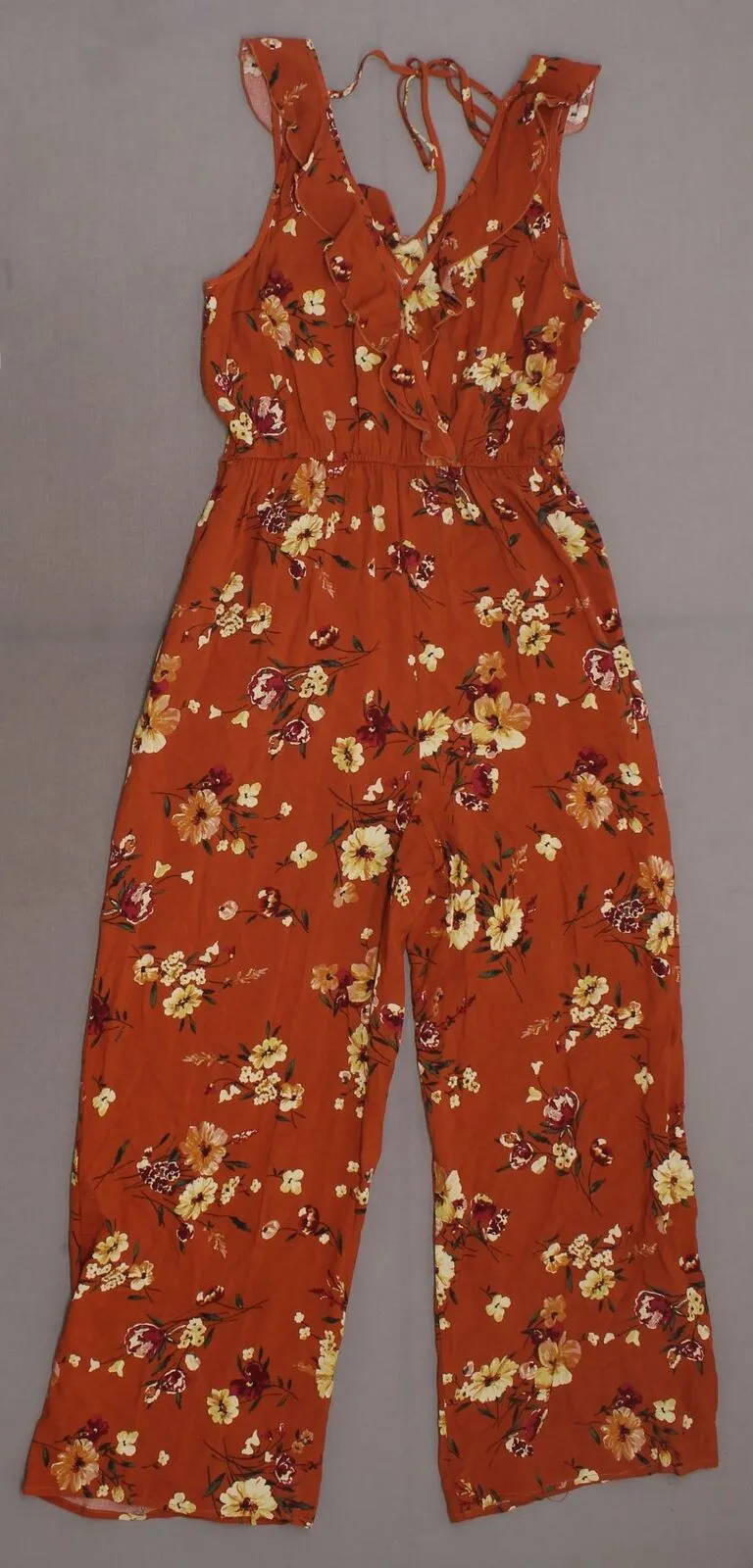 Xhilaration Women's Floral Print Sleeveless Deep V-Neck Ruffle Wrap Cropped Jumpsuit