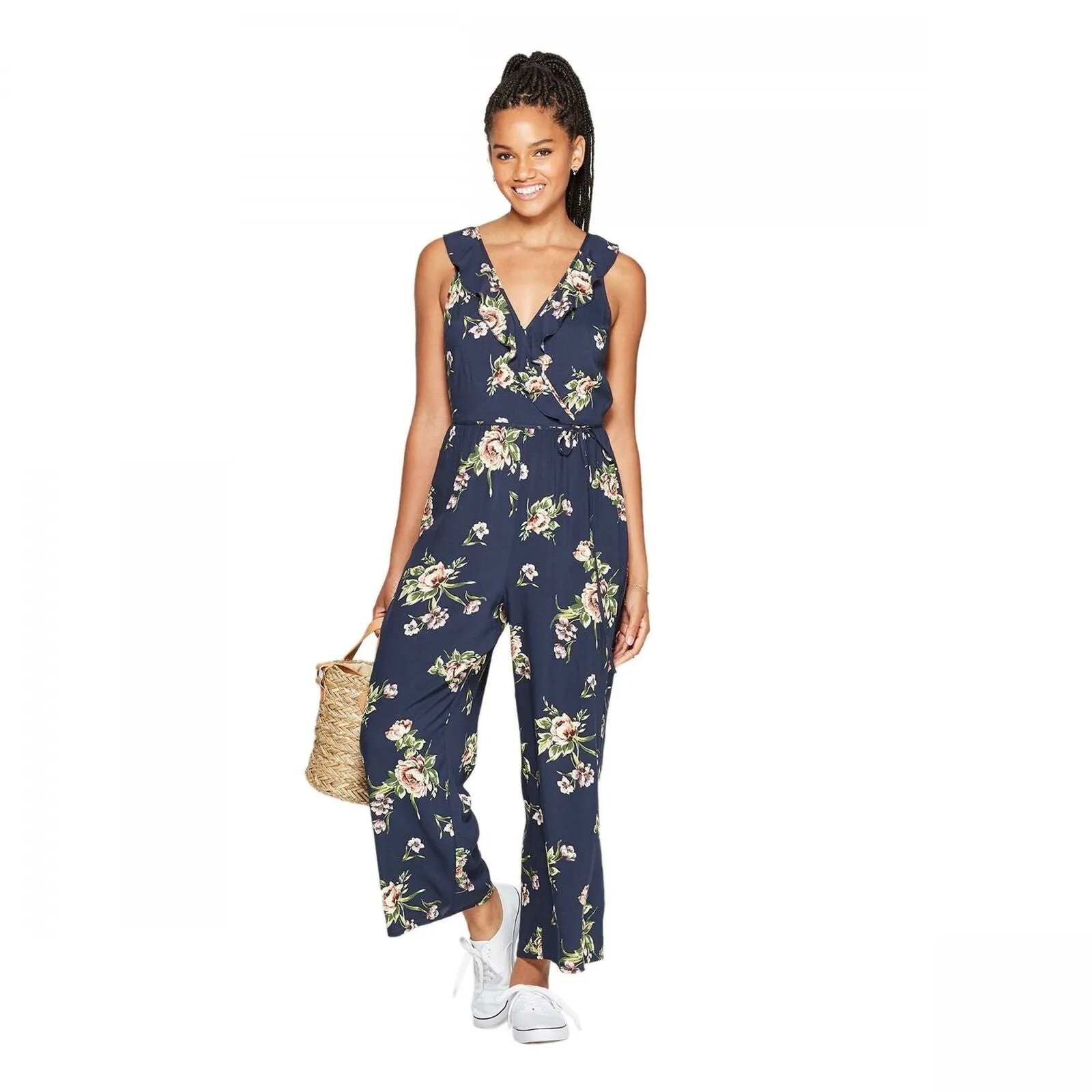 Xhilaration Women's Floral Print Sleeveless Deep V-Neck Ruffle Wrap Cropped Jumpsuit