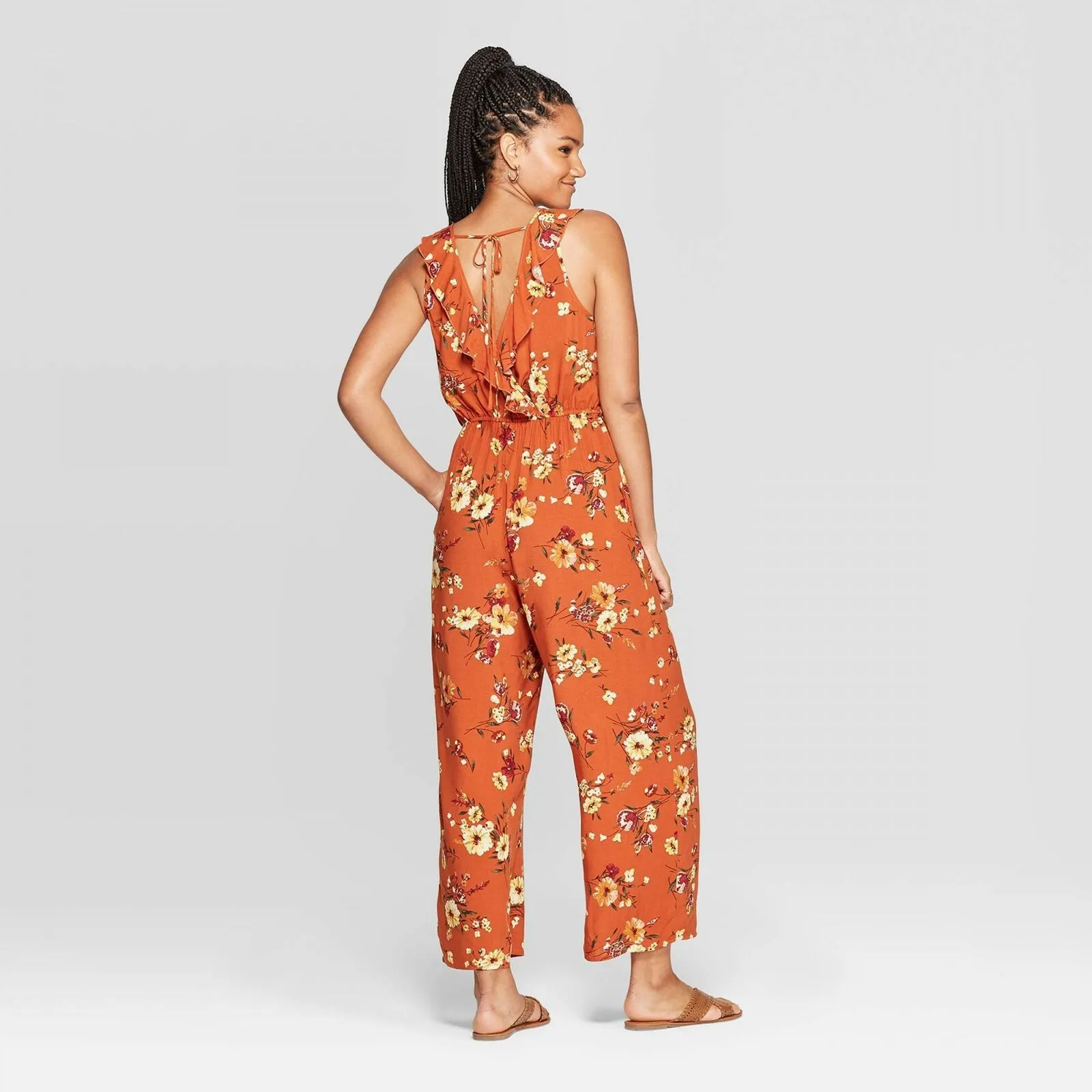 Xhilaration Women's Floral Print Sleeveless Deep V-Neck Ruffle Wrap Cropped Jumpsuit