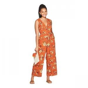 Xhilaration Women's Floral Print Sleeveless Deep V-Neck Ruffle Wrap Cropped Jumpsuit