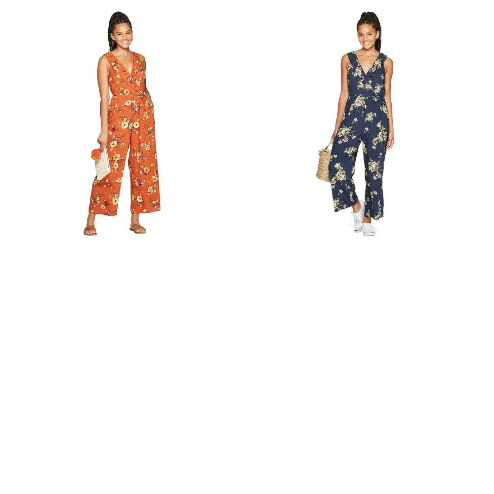 Xhilaration Women's Floral Print Sleeveless Deep V-Neck Ruffle Wrap Cropped Jumpsuit