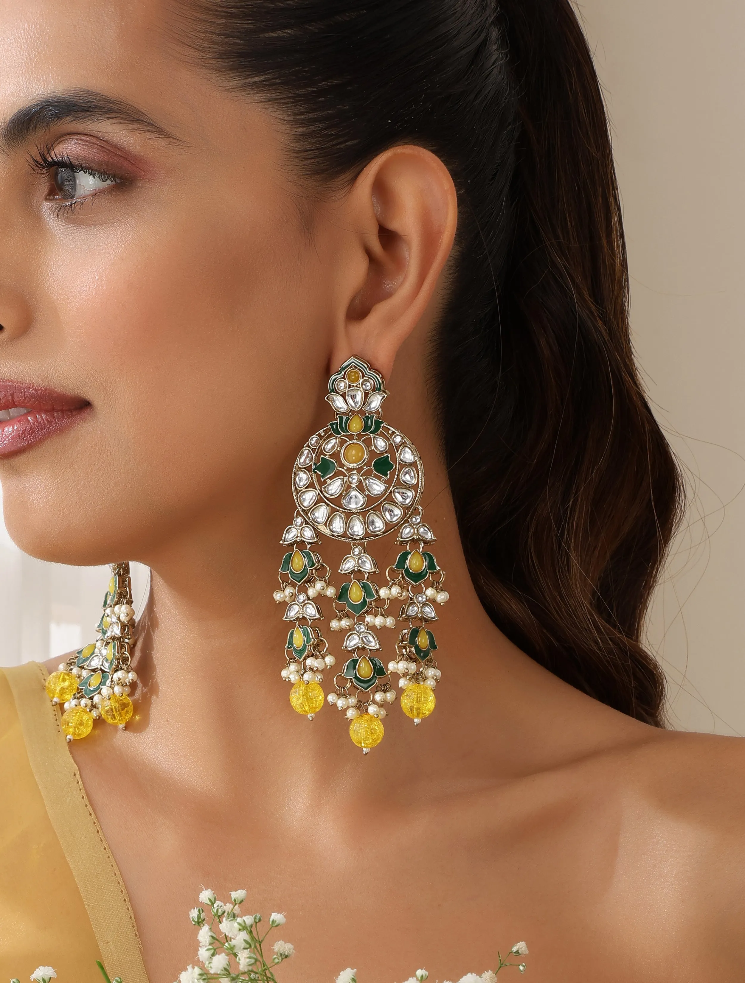 Yellow Color Kundan Long Earrings