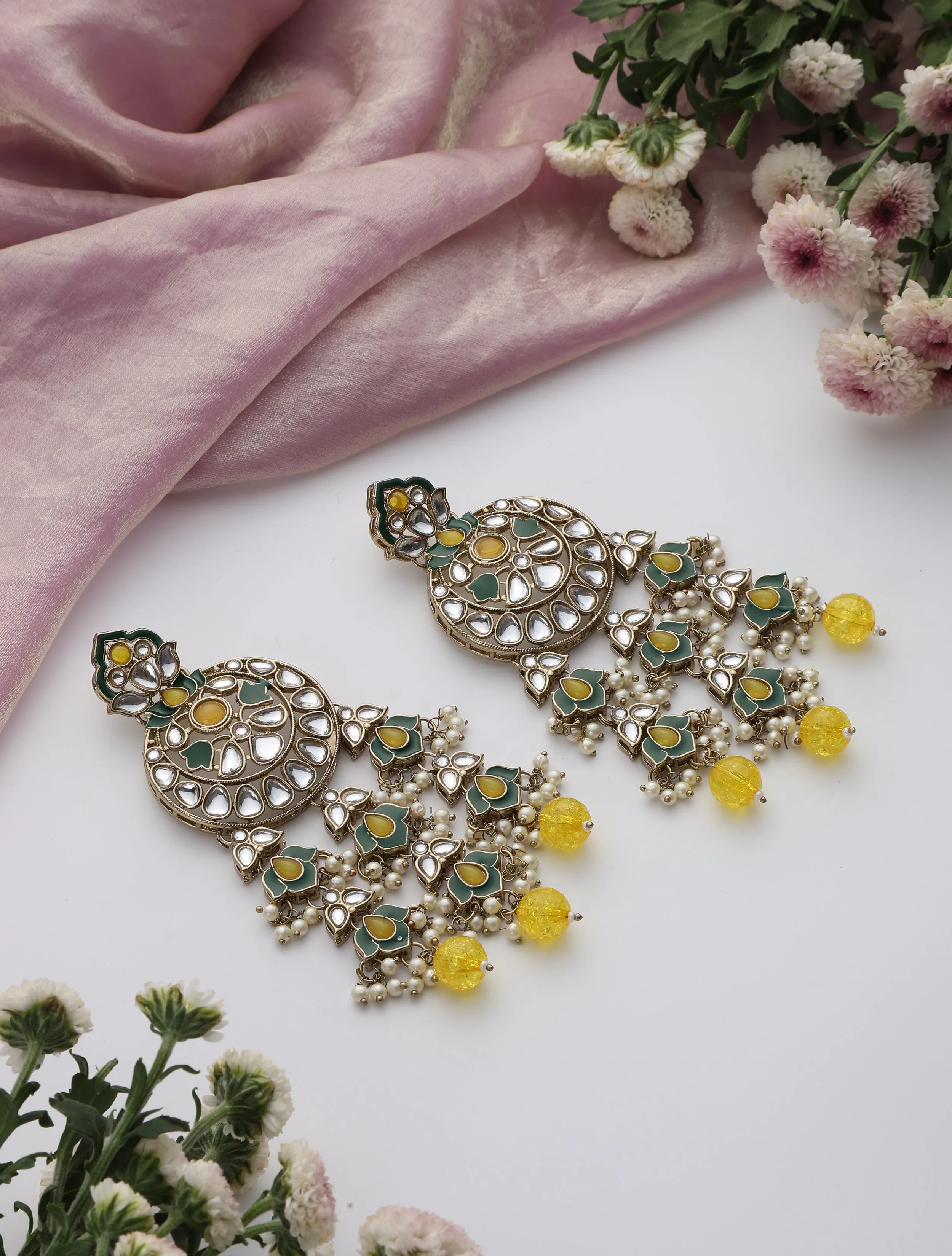 Yellow Color Kundan Long Earrings