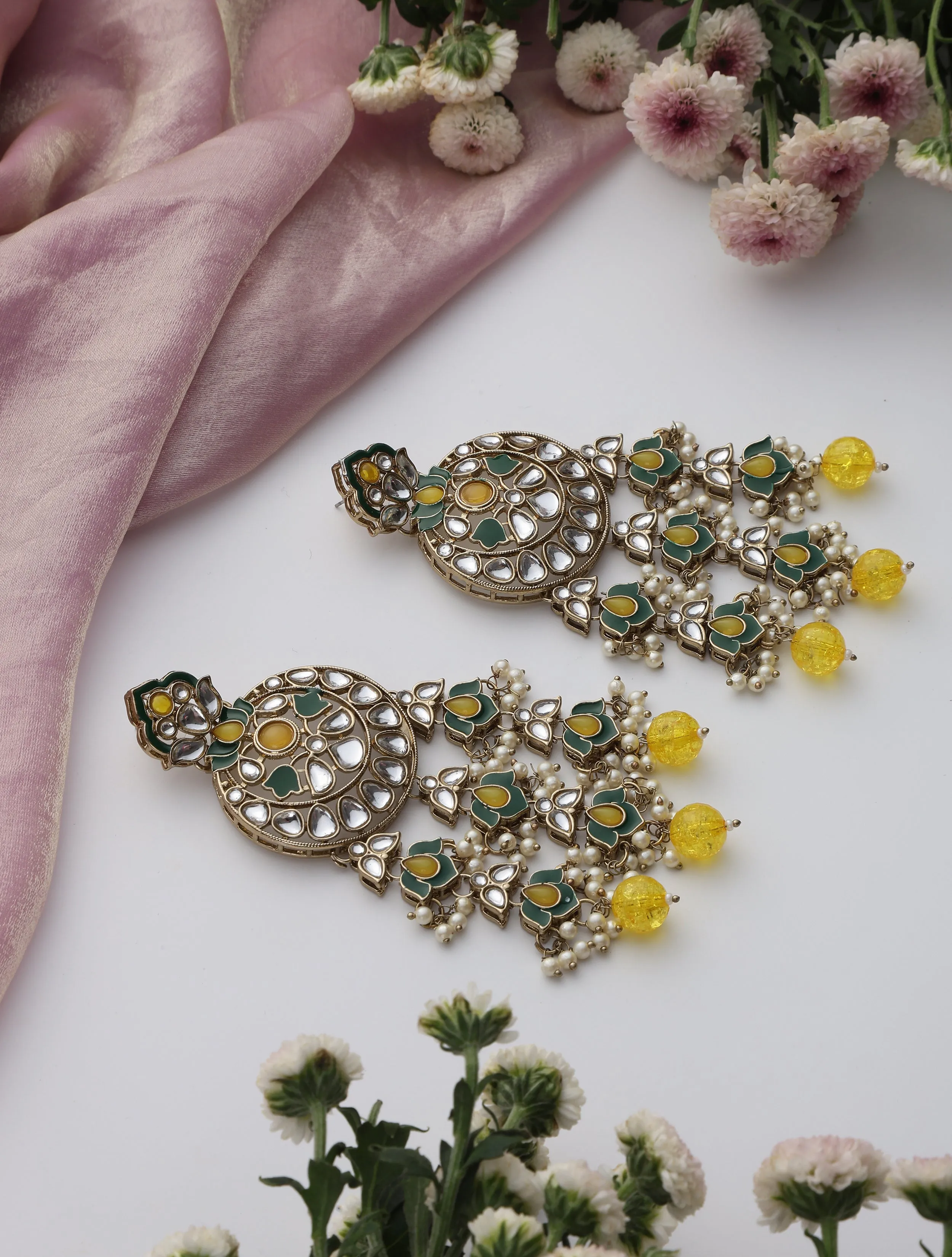 Yellow Color Kundan Long Earrings