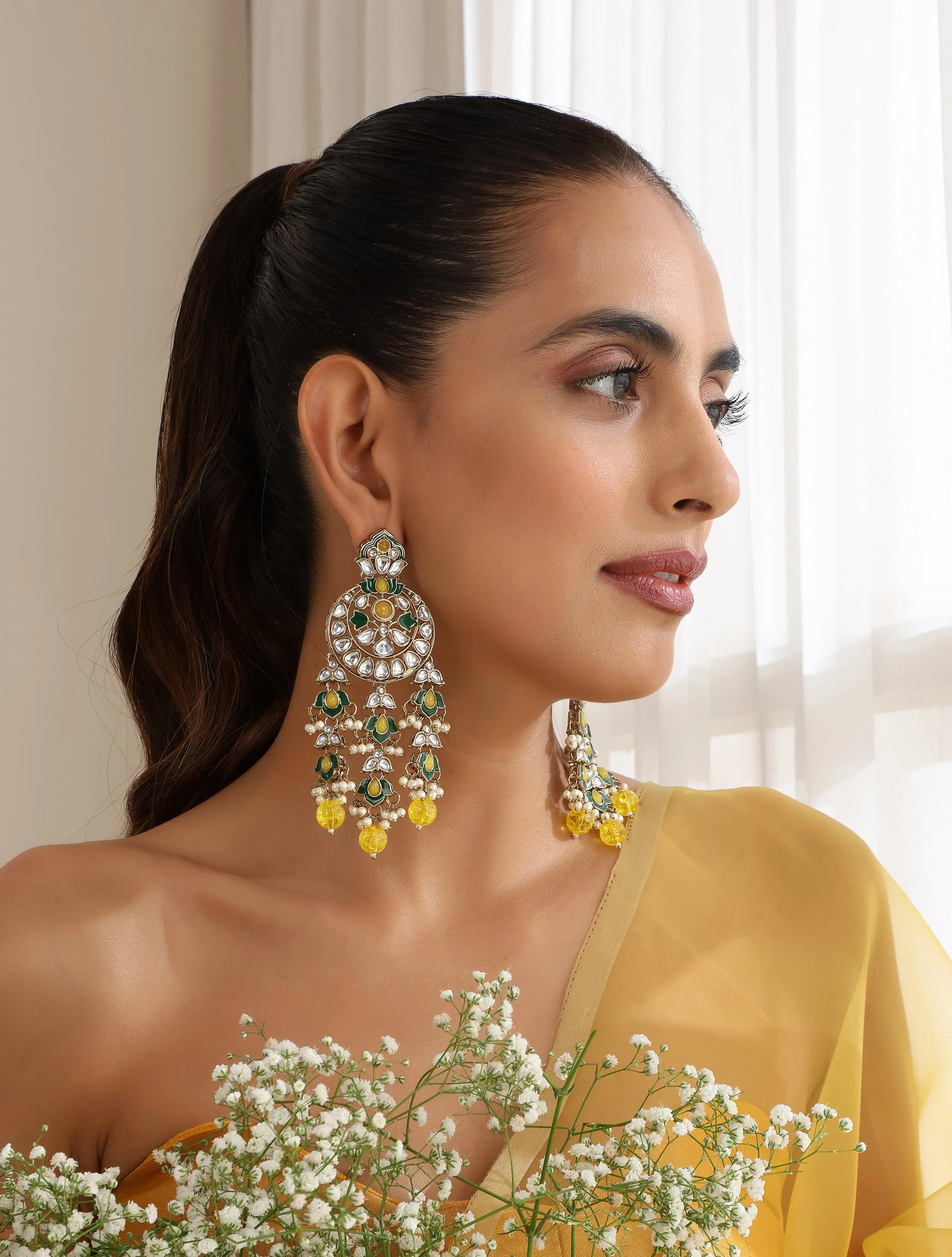 Yellow Color Kundan Long Earrings