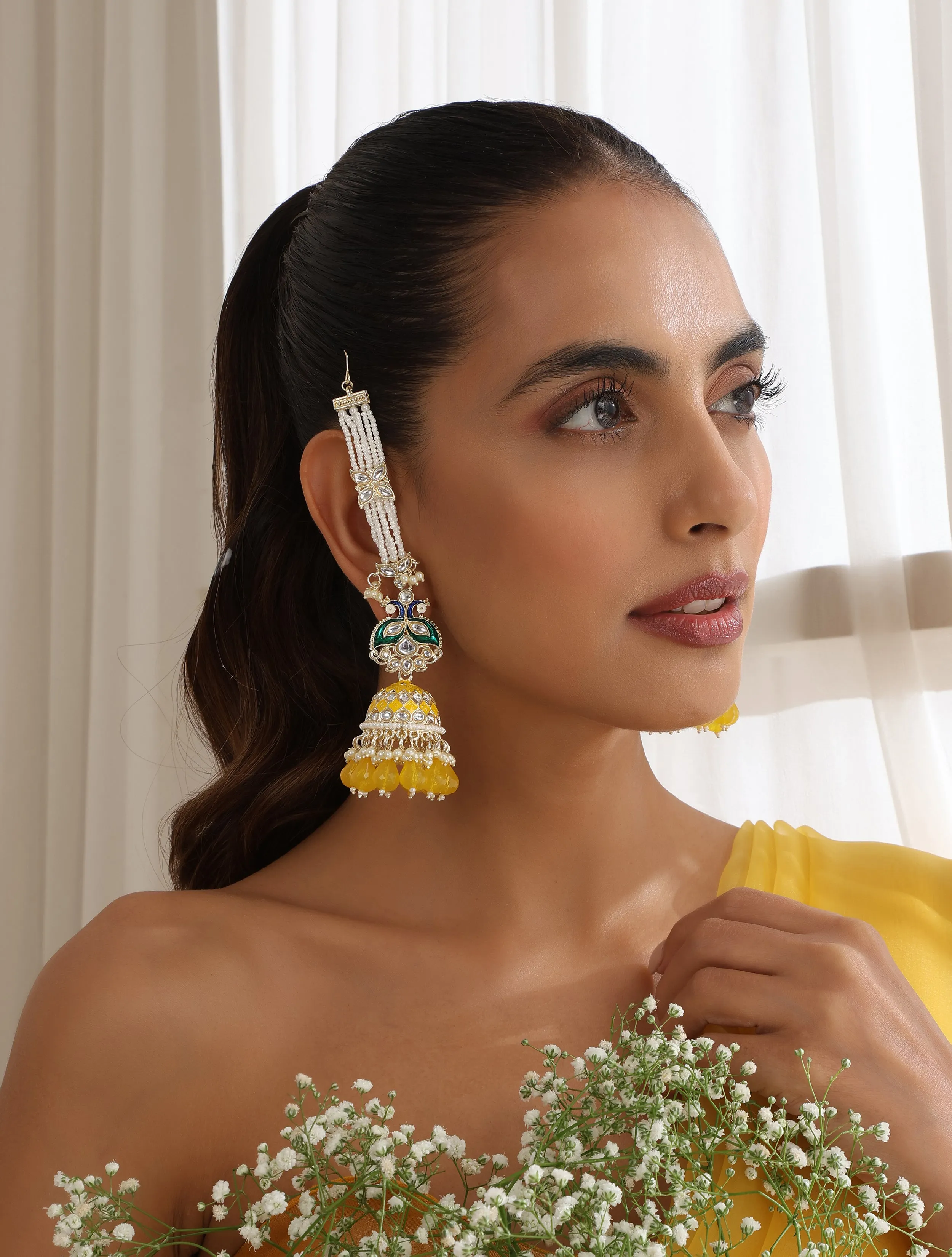 Yellow Color Meenakari Kundan Earrings