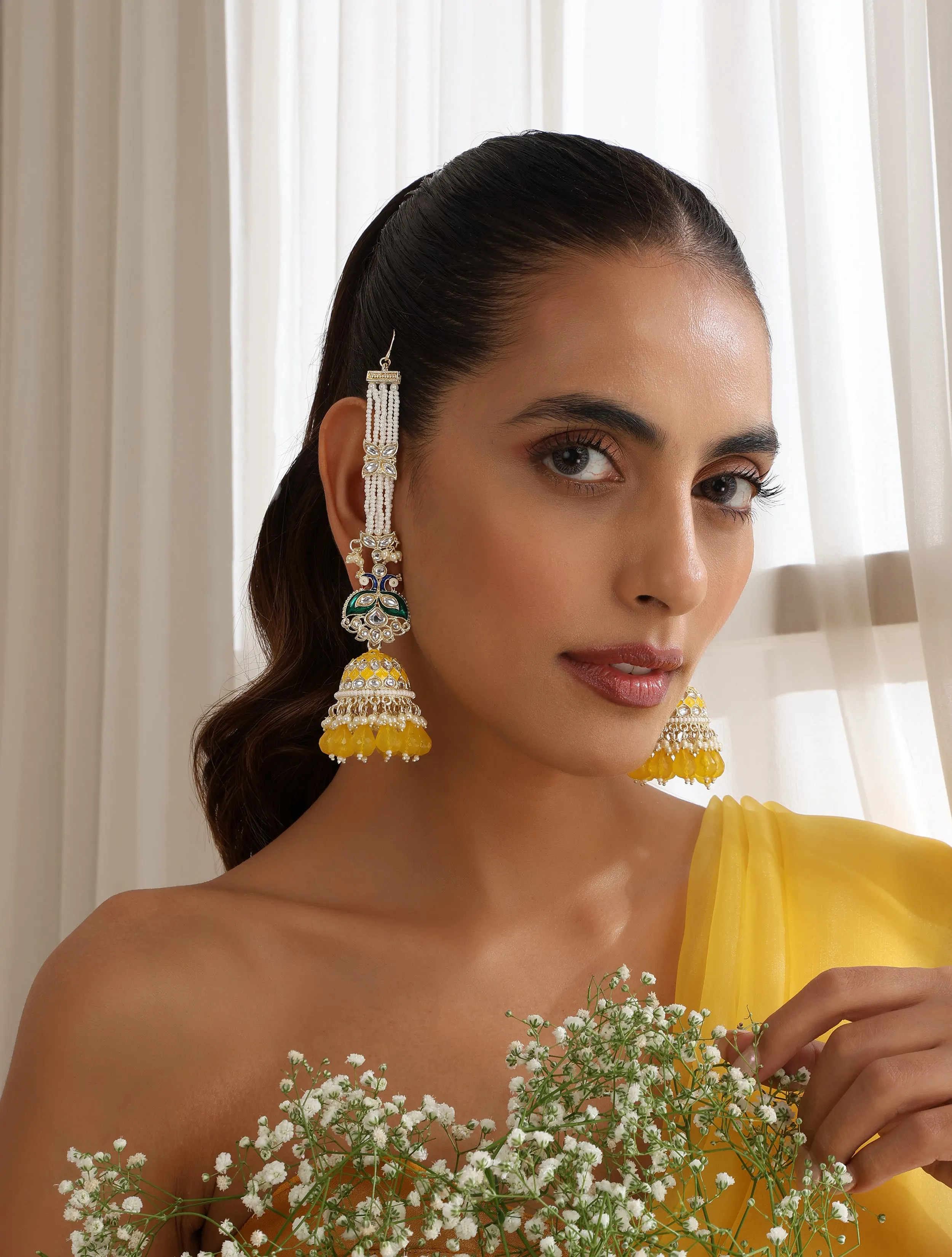Yellow Color Meenakari Kundan Earrings