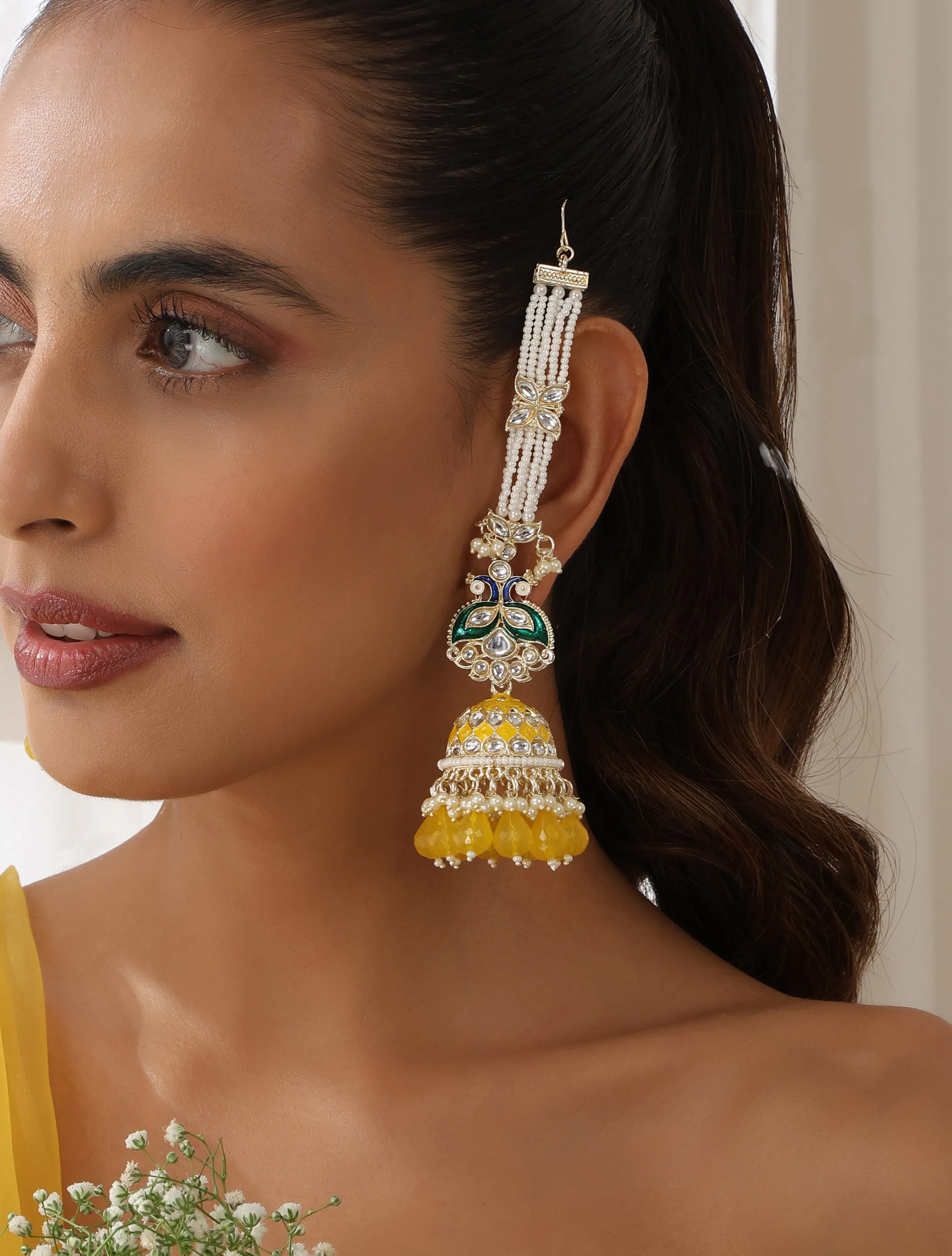 Yellow Color Meenakari Kundan Earrings