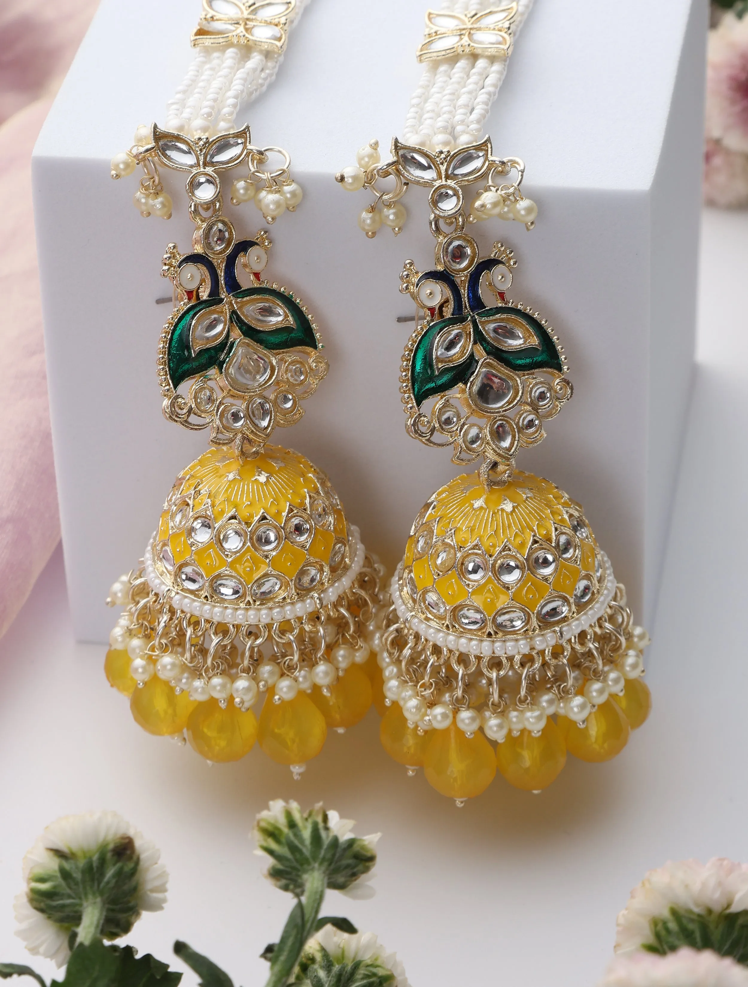 Yellow Color Meenakari Kundan Earrings