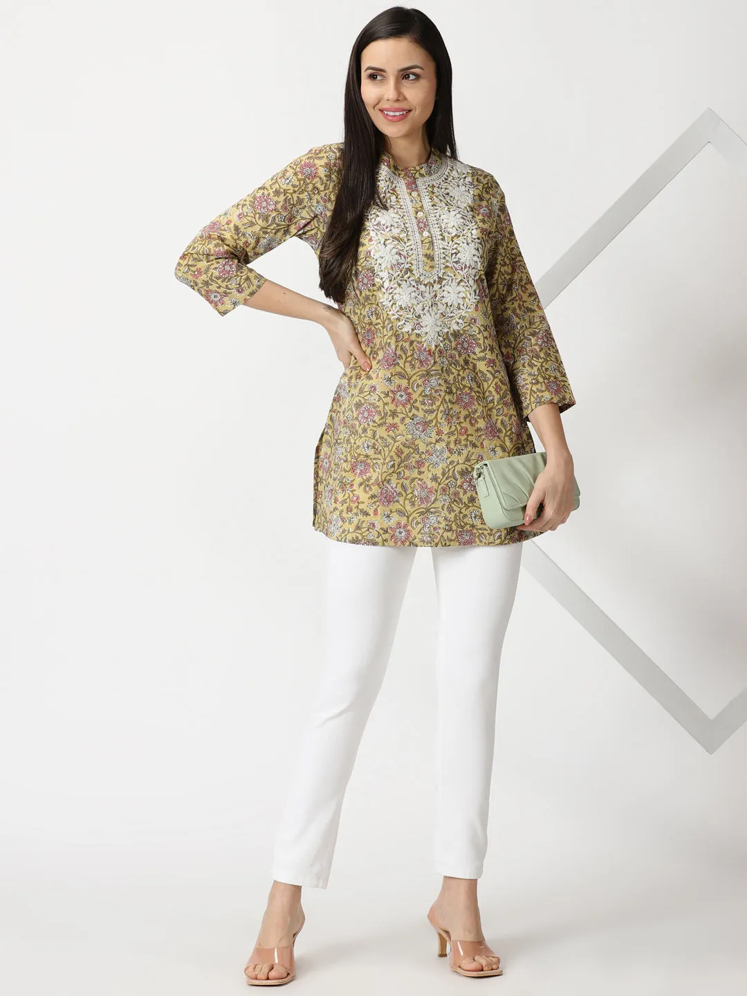Yellow Floral Print Tunic with Lucknowi Chikankari Embroidery