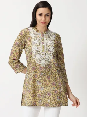 Yellow Floral Print Tunic with Lucknowi Chikankari Embroidery