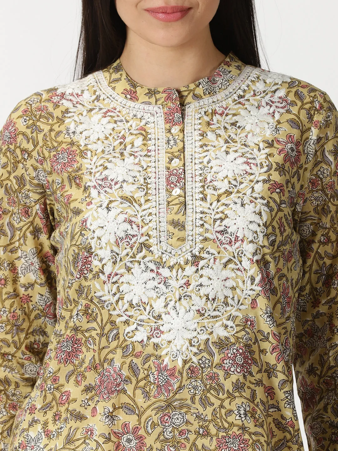 Yellow Floral Print Tunic with Lucknowi Chikankari Embroidery