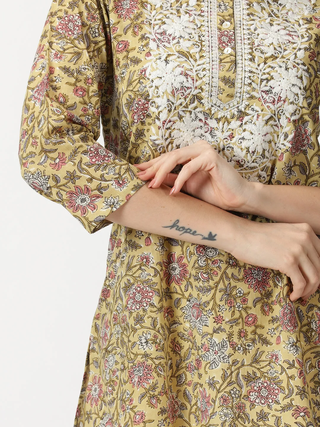 Yellow Floral Print Tunic with Lucknowi Chikankari Embroidery