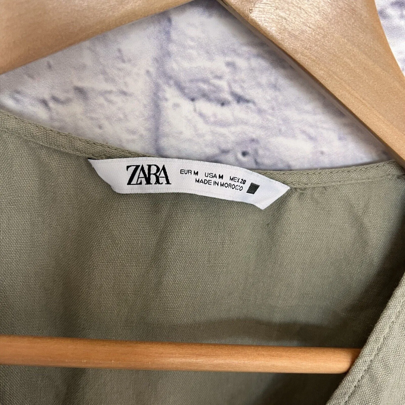 ZARA Tiered Olive Dress Sz M Puff Sleeve Linen Blend Khaki Boho Western Tunic
