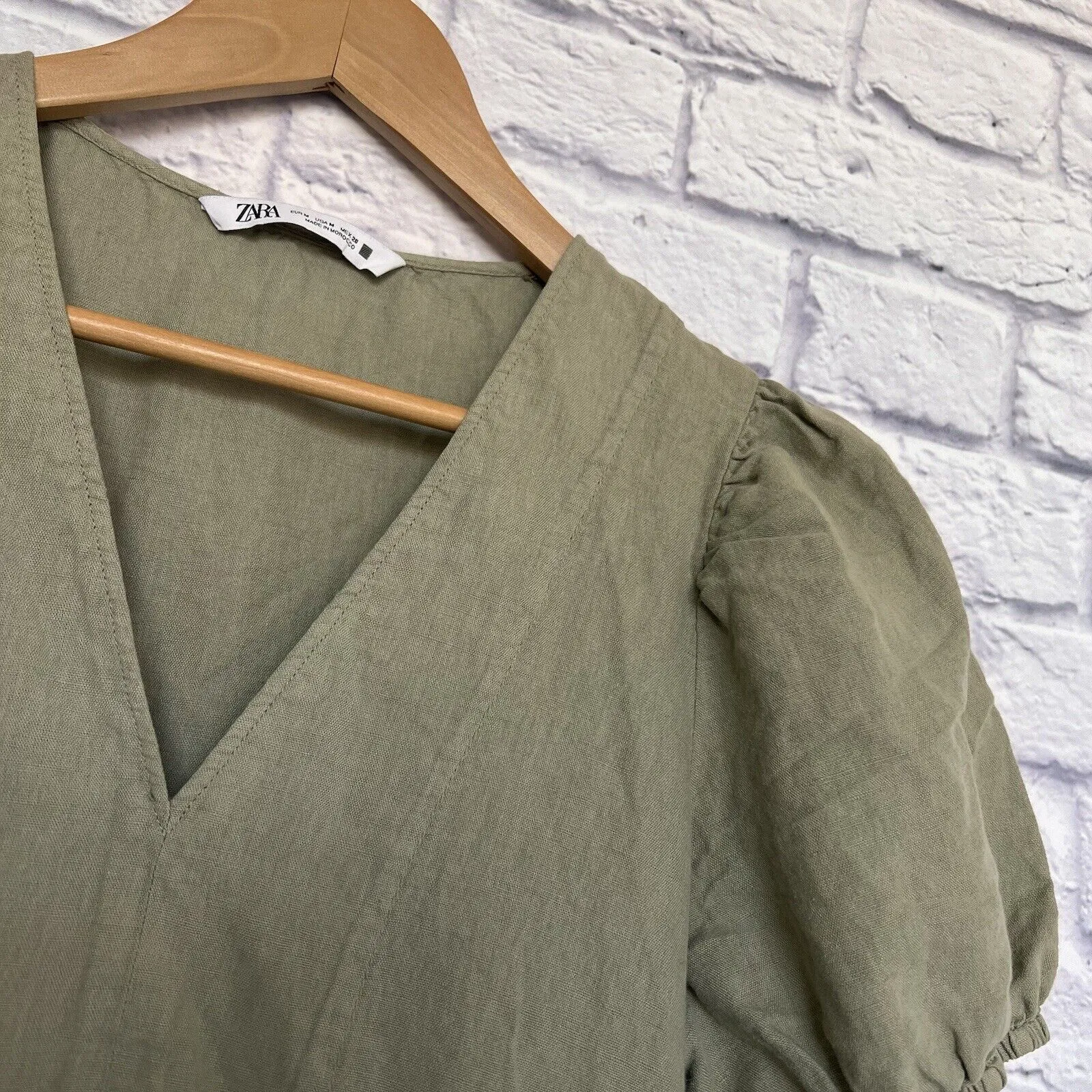 ZARA Tiered Olive Dress Sz M Puff Sleeve Linen Blend Khaki Boho Western Tunic