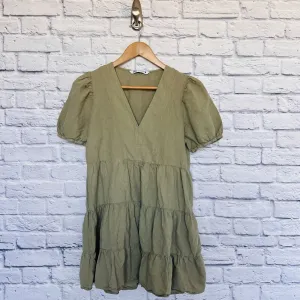 ZARA Tiered Olive Dress Sz M Puff Sleeve Linen Blend Khaki Boho Western Tunic